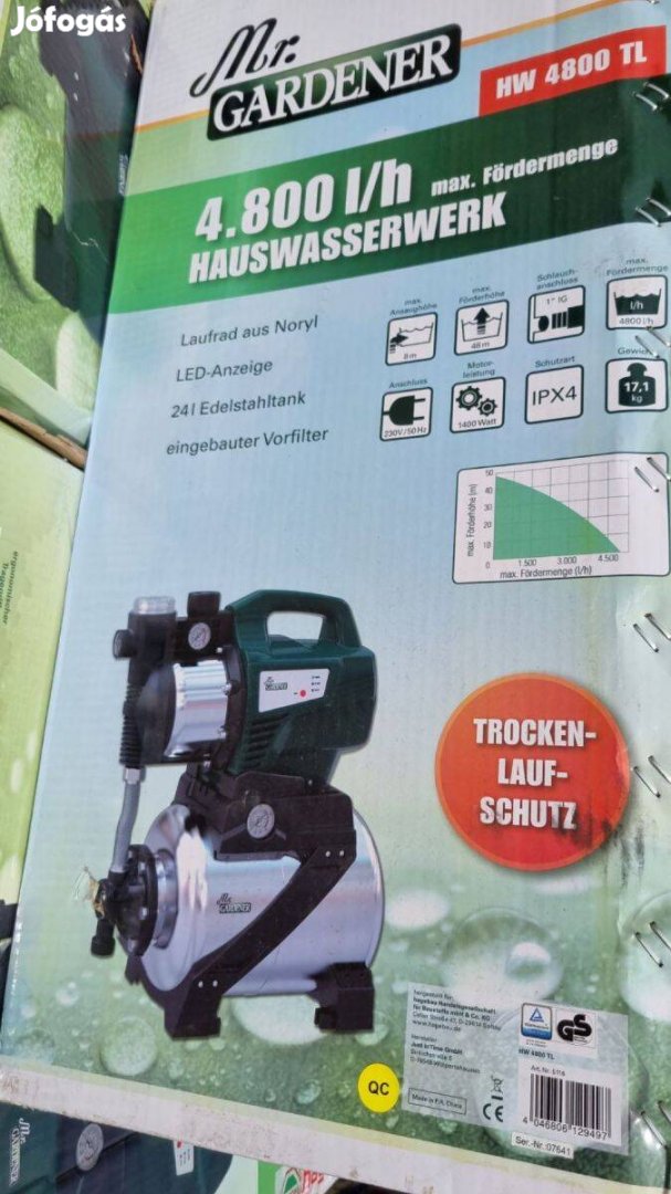 Áramláskapcsolóval, szárazon futás elleni védelemmel, hidrofor