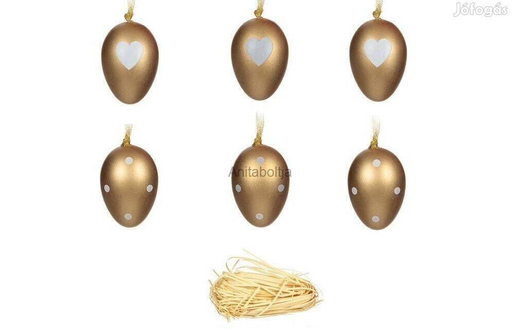 Arany dekoratív húsvéti tojás pöttyös szívvel 6cm - 6db