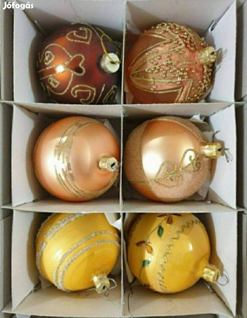 Arany és sárga színű kézzel készített karácsonyi üveg gömb dísz szett
