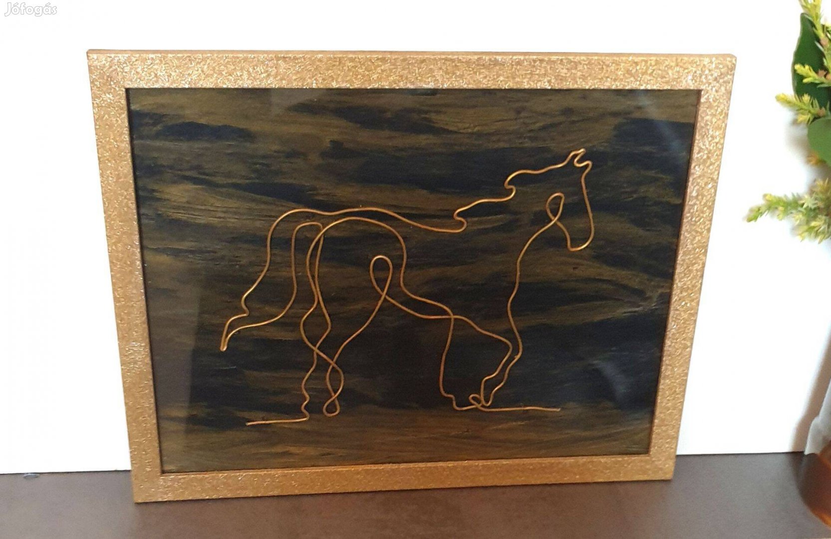 Arany ló: drótkép, huzalkép, bronzosan csillogó keretben, új, egyedi