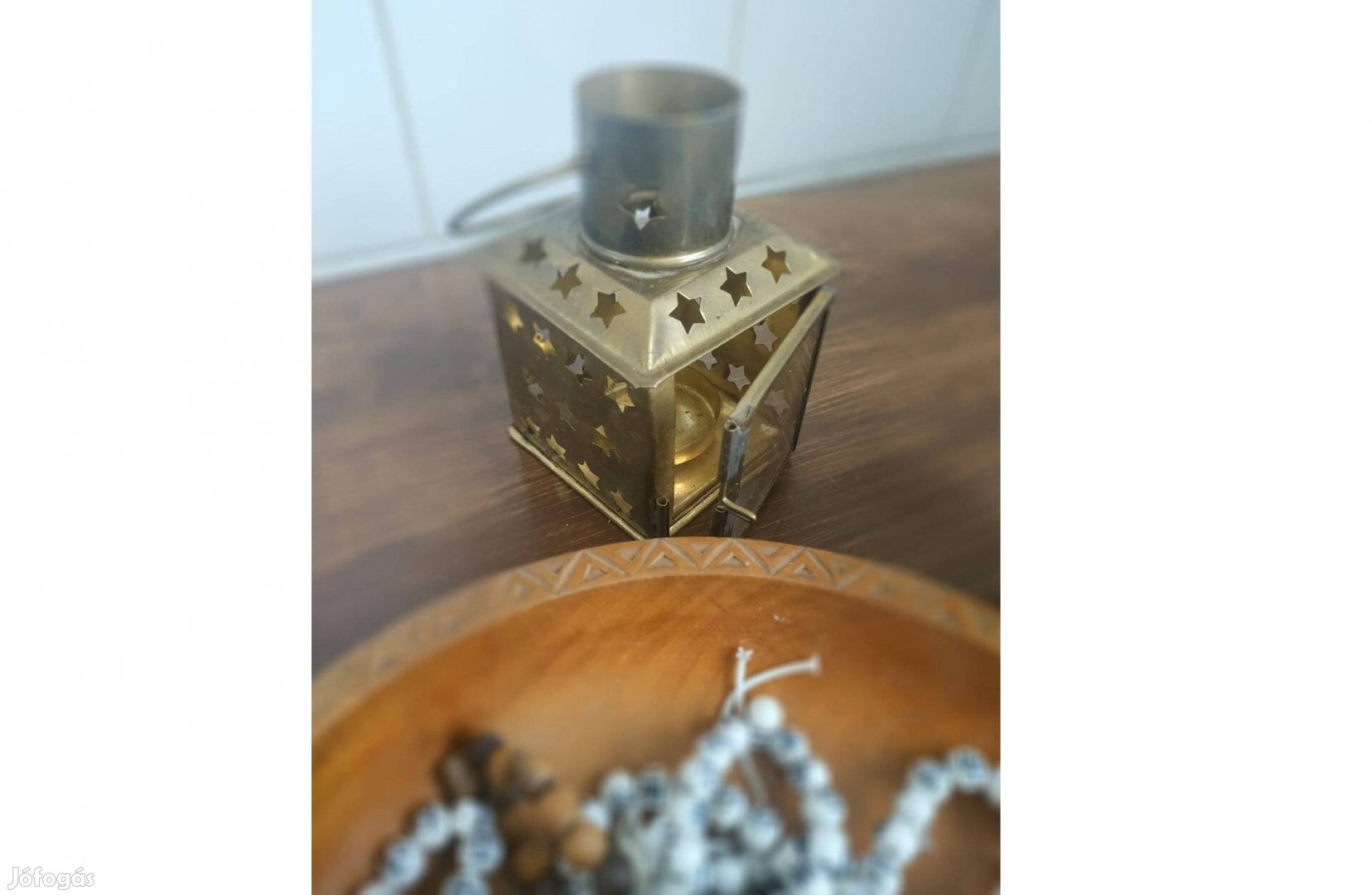 Arany színű fém mécsestartó - felakasztható, használt (kb. 11x7cm)