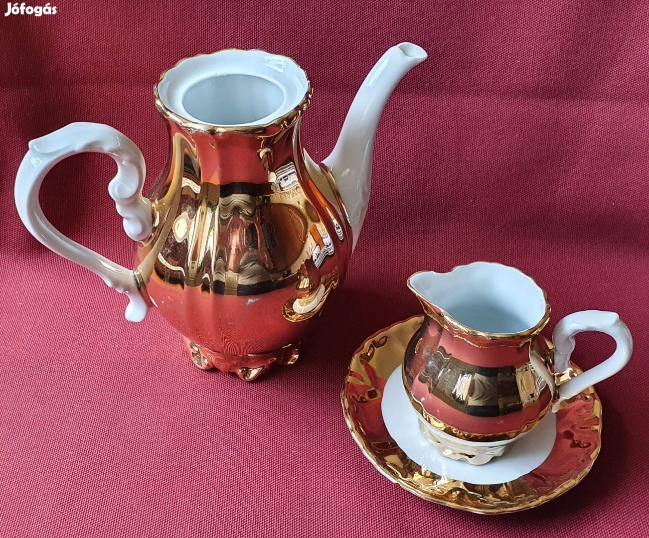 Aranyozott német porcelán kávés kanna kancsó kiöntő cukortartó csésze