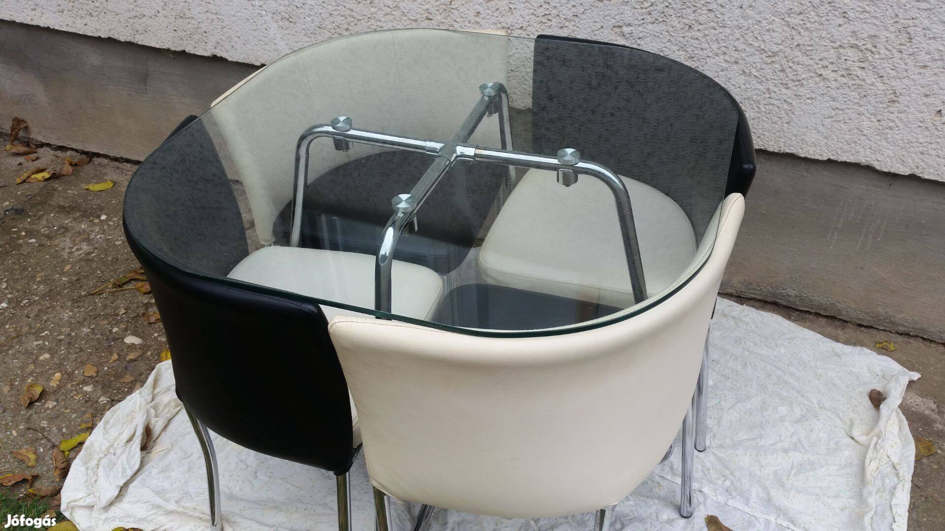 Art deco, csővázas, üveg-tetejű asztal székekkel