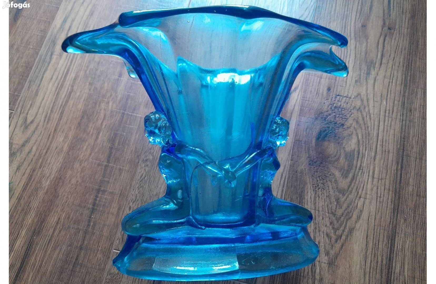 Art deco figurális kék üvegváza, régiség