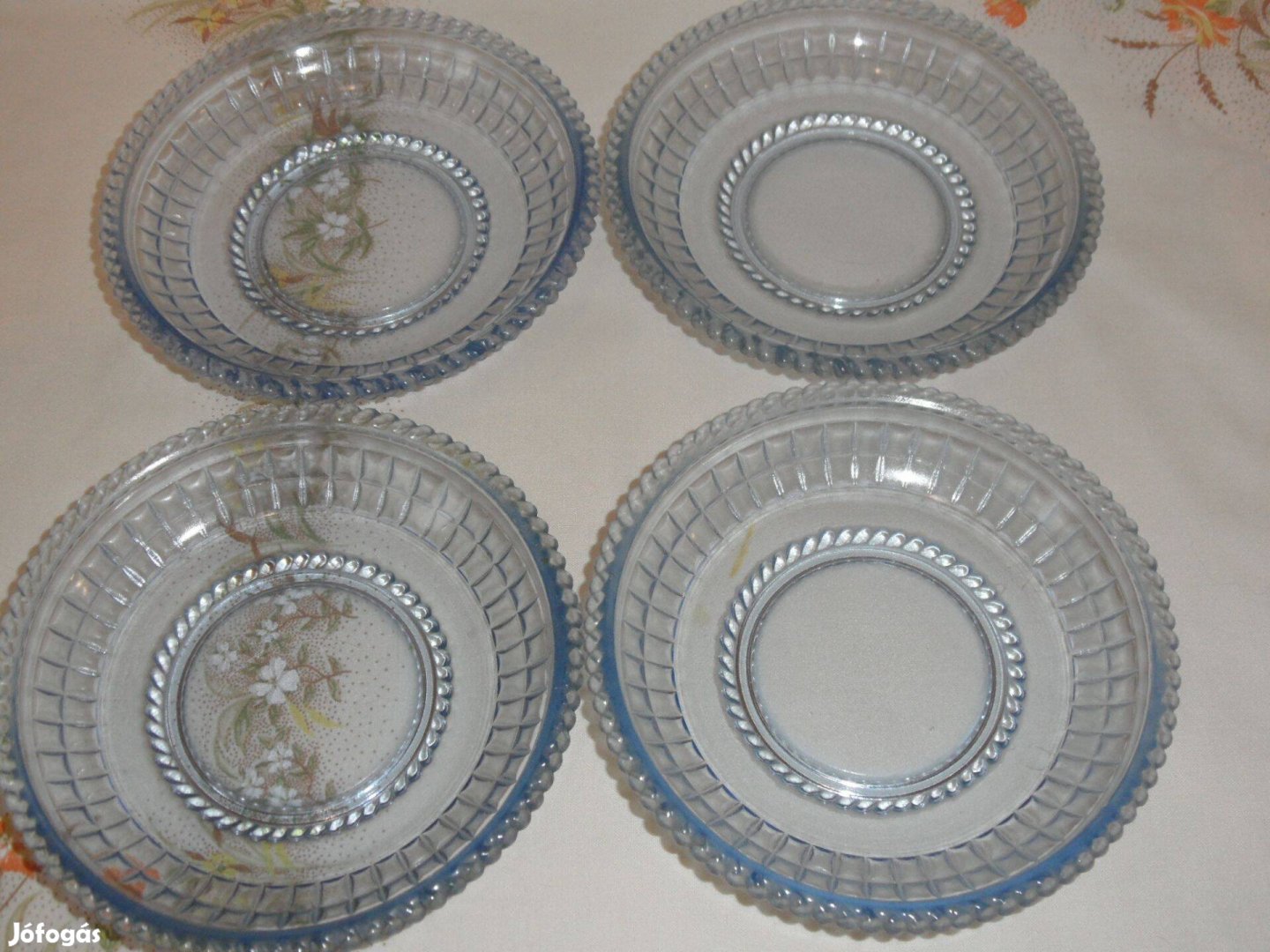 Art deco kék üveg tányér, tálka ( 4 db. )