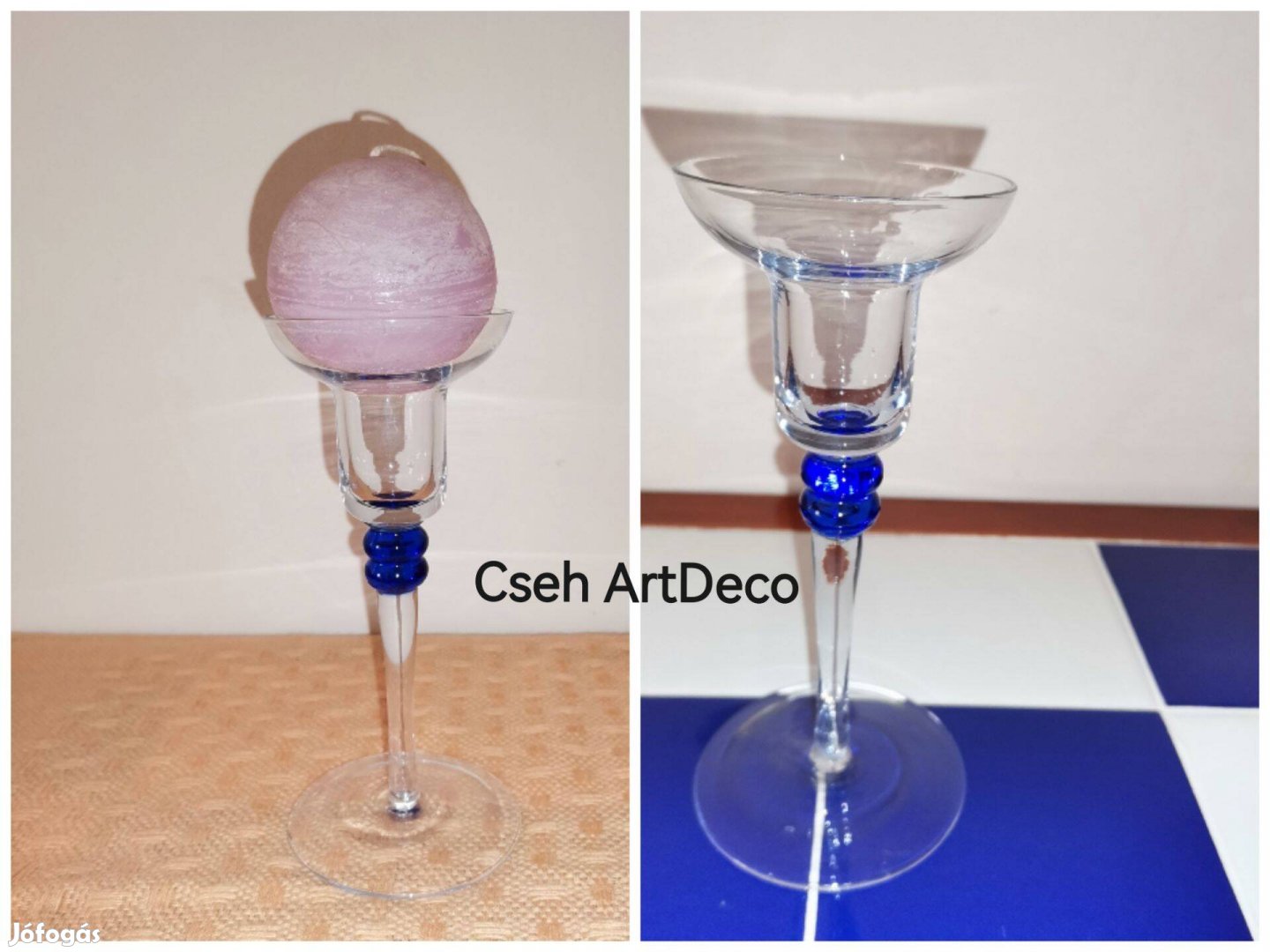 Artdeco üveg talpas gyertyatartó, kobaltkék gömbbel