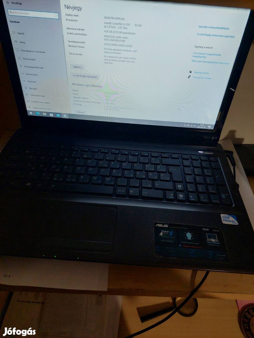 Asus A52F laptop I5 processor, 4GB RAM, SSD, Friss Jogtiszta WIN10