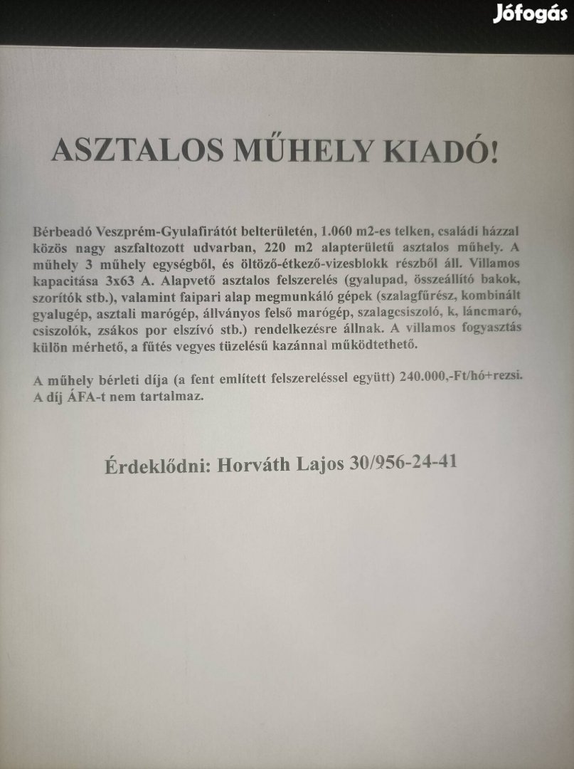 Asztalos műhely 