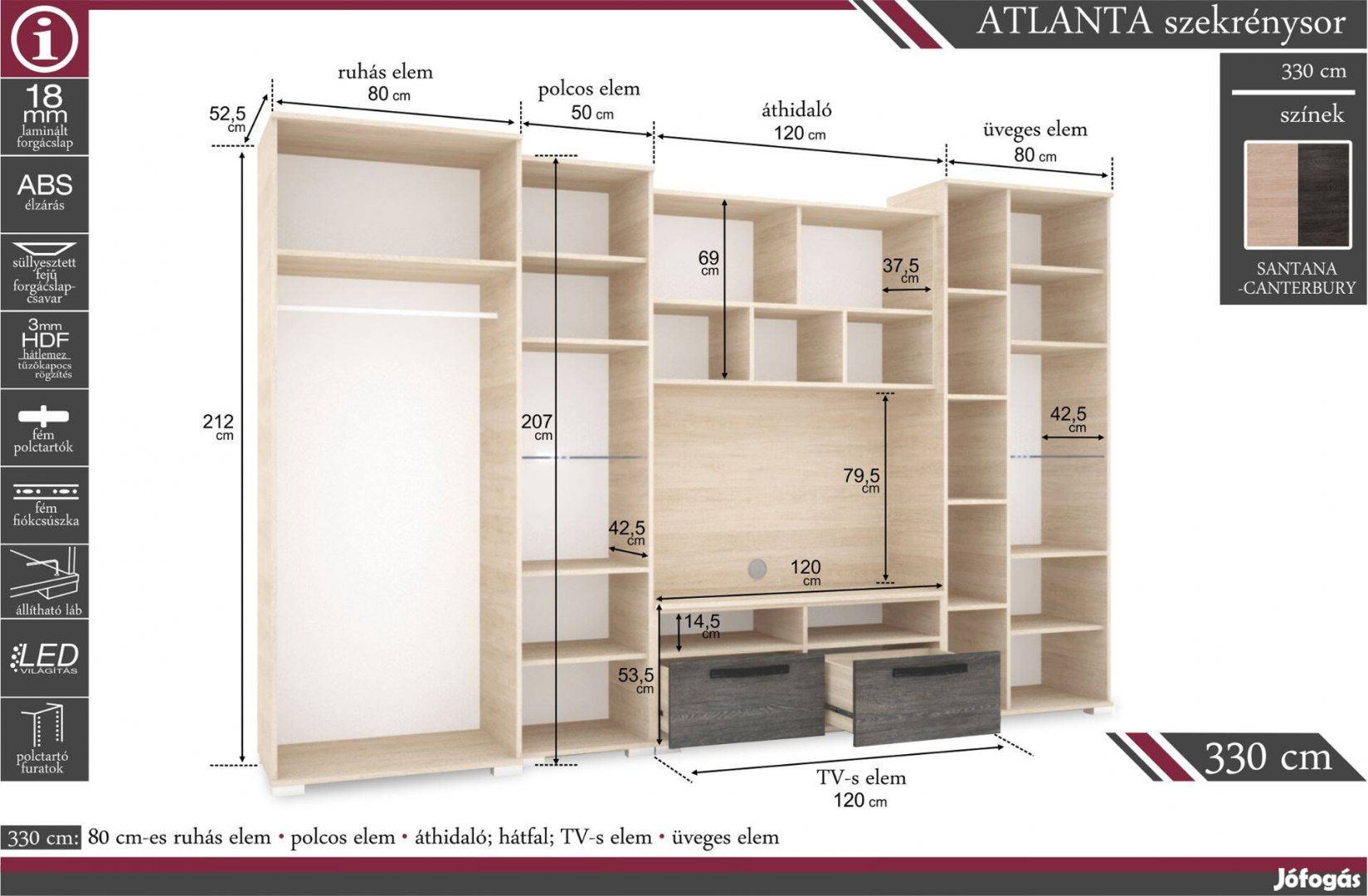 Atlanta szekrénysor 330 cm szép állapotban