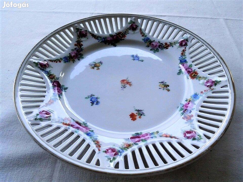 Áttört gyönyörű régi virággirlandos Bavaria porcelán dísztál/falitál