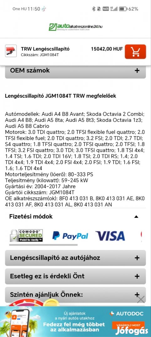 Audi A4/A5 Skoda TRW Lengéscsillapitó szett 