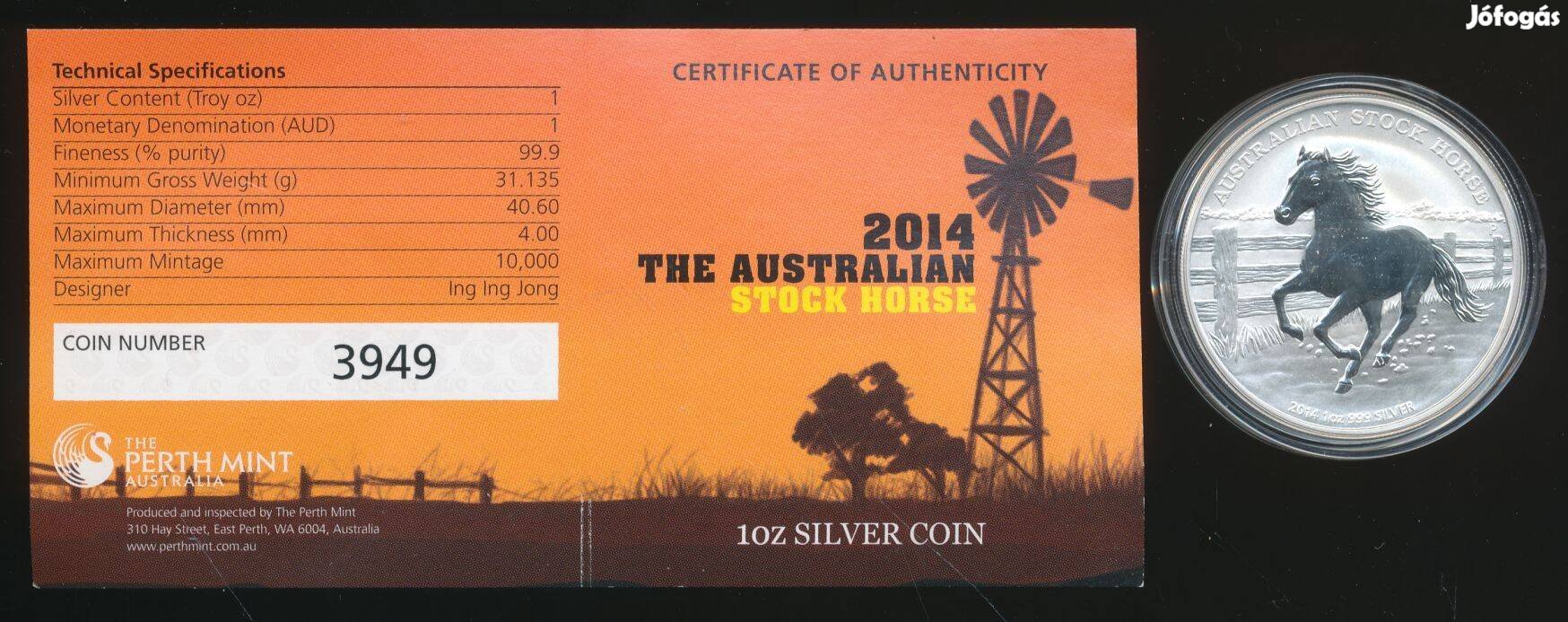 Ausztrália 1 uncia ezüst 2014, Stock Horse, tanúsítvánnyal