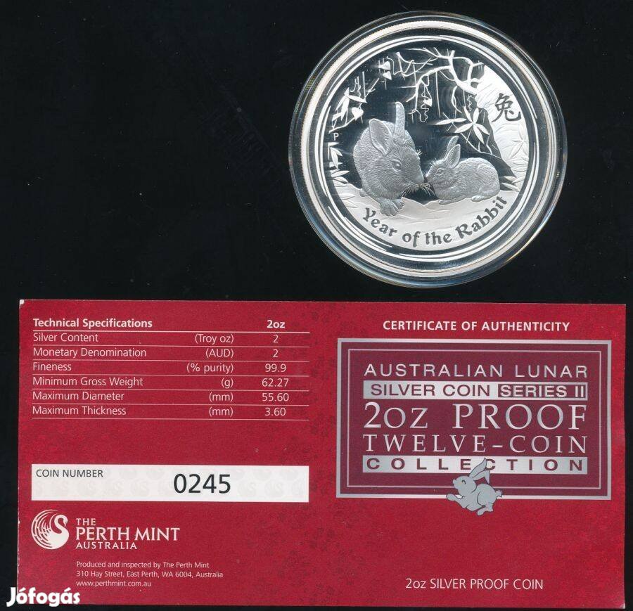 Ausztrália 2 oz ezüst 2011, Lunar II, Nyúl, Proof