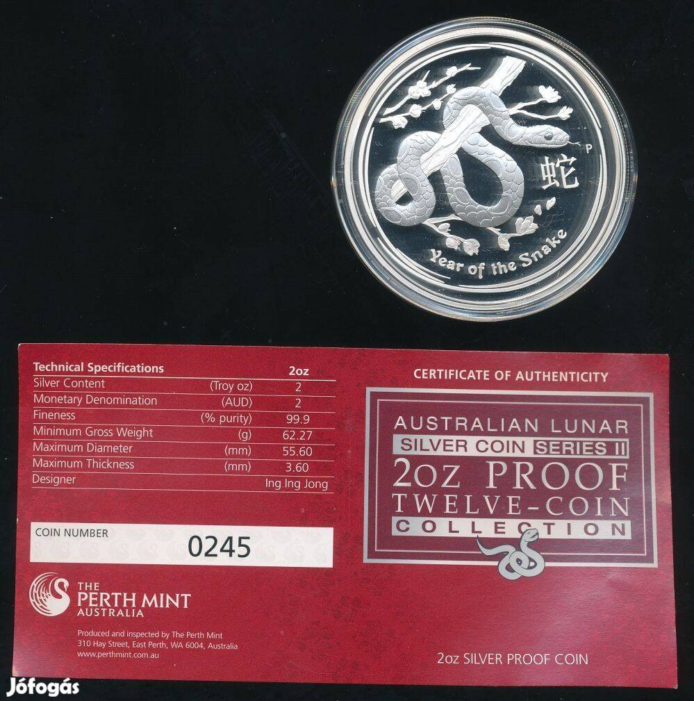 Ausztrália 2 oz ezüst 2013, Lunar II, Kígyó, Proof