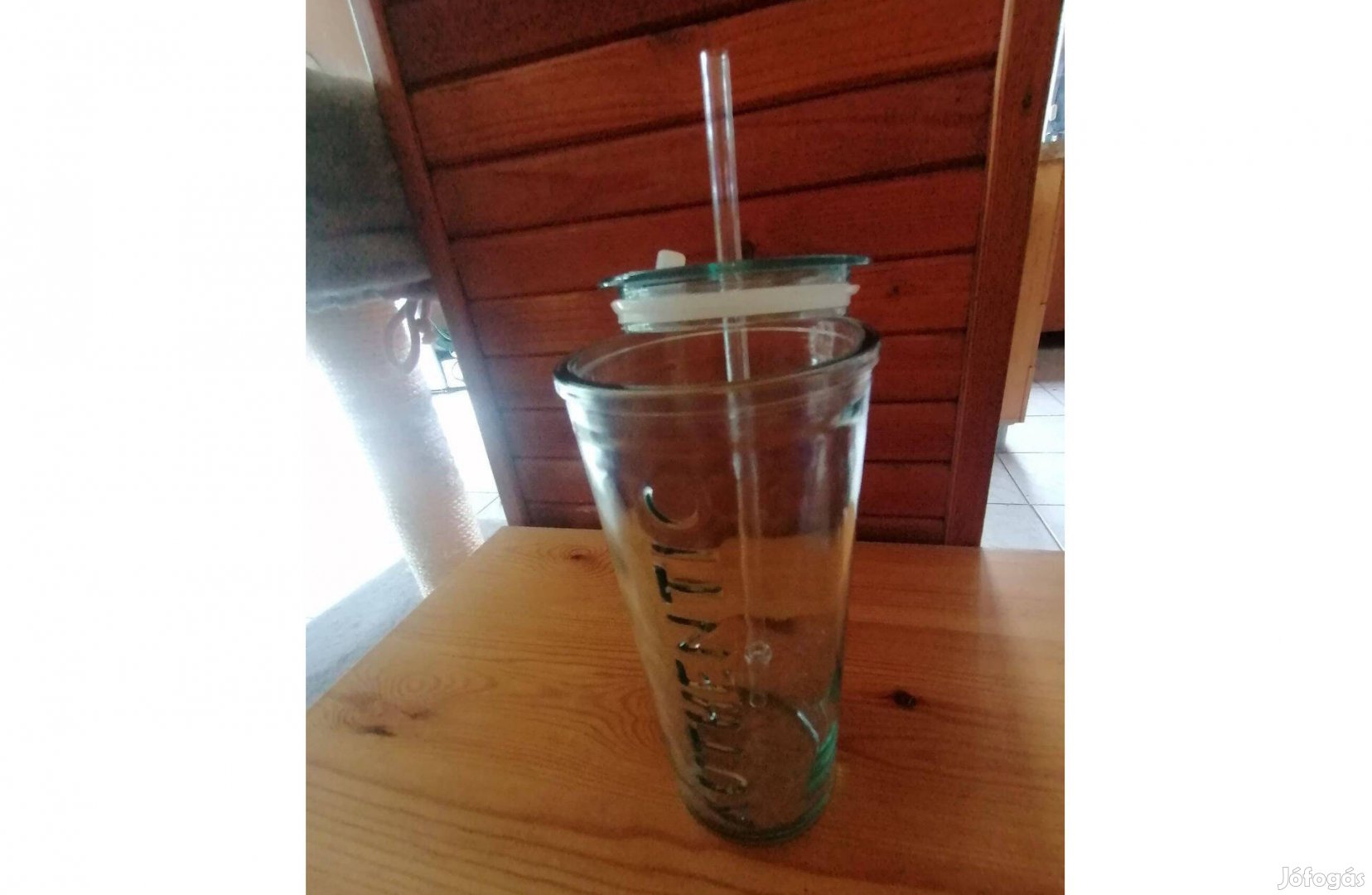 Authentic, üveg utazó üdítős pohár, szívószállal eladó! Új,