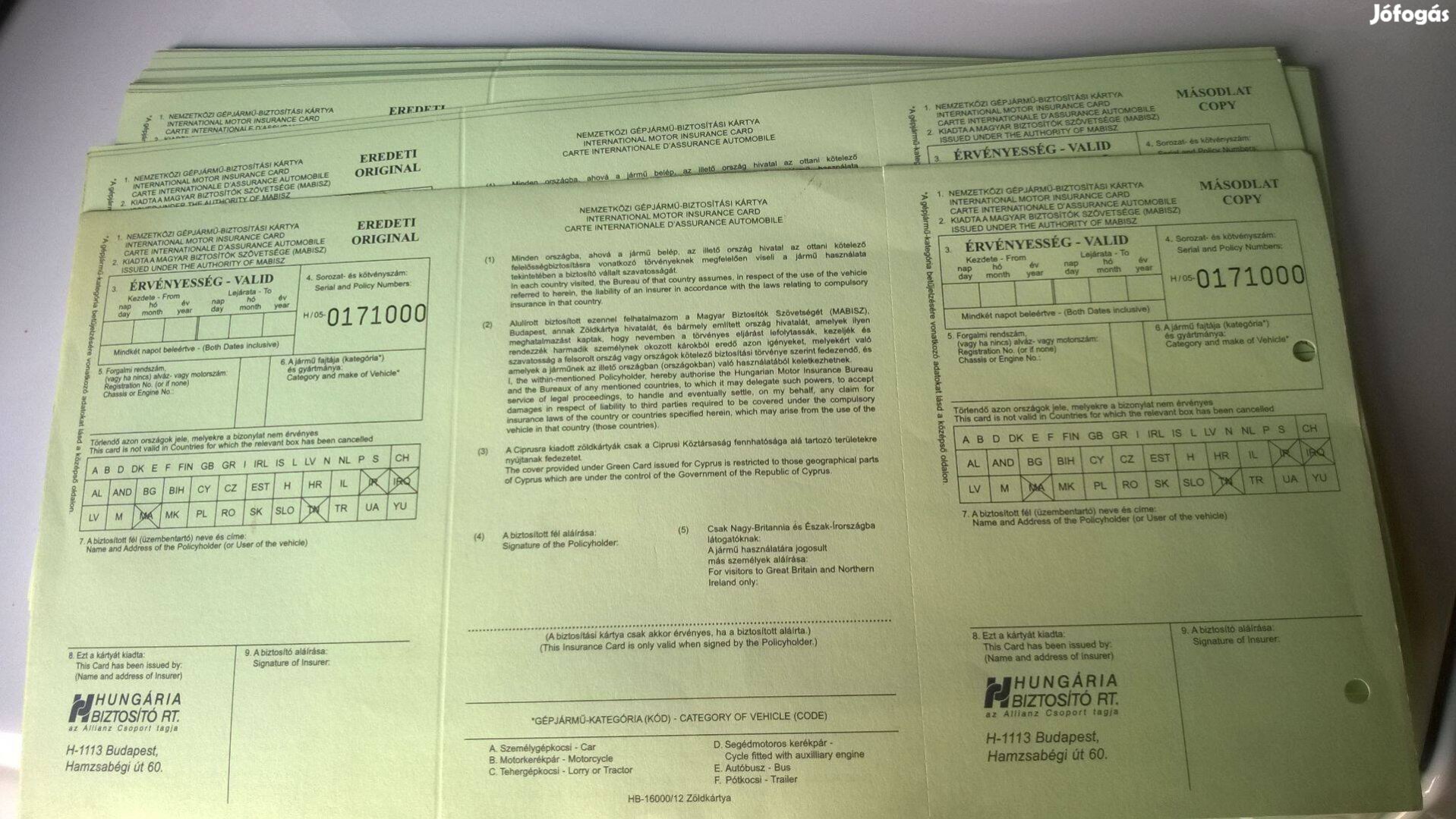Autó Zöldkártya HB Hungária Biztosító retro kitöltetlen