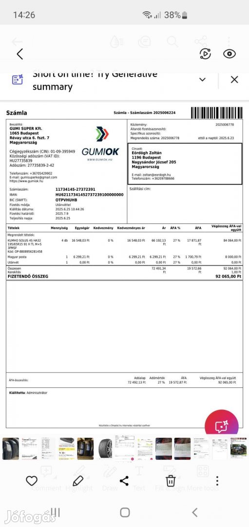 Autógumi 195/65r15ös 4évszakosal Eladó! 06209788666.zoli
