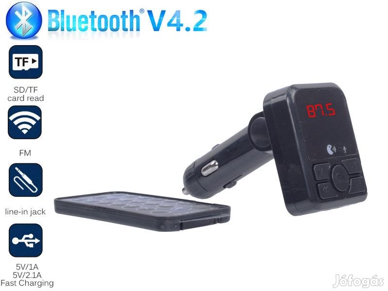 Autós Bluetooth FM transmitter, MP3, 2db USB töltő, AUX, TF CARD, táv