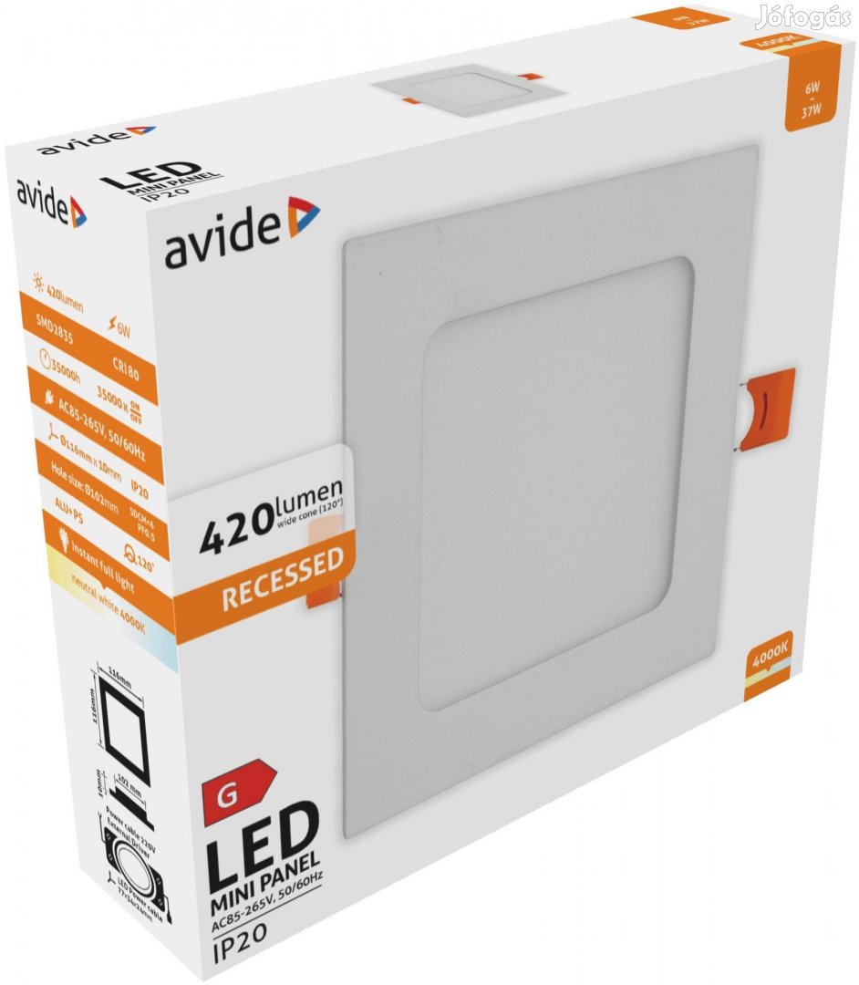 Avide LED Beépíthető Négyzetes Mennyezeti Lámpa, ALU, 6W, NW, 4000K