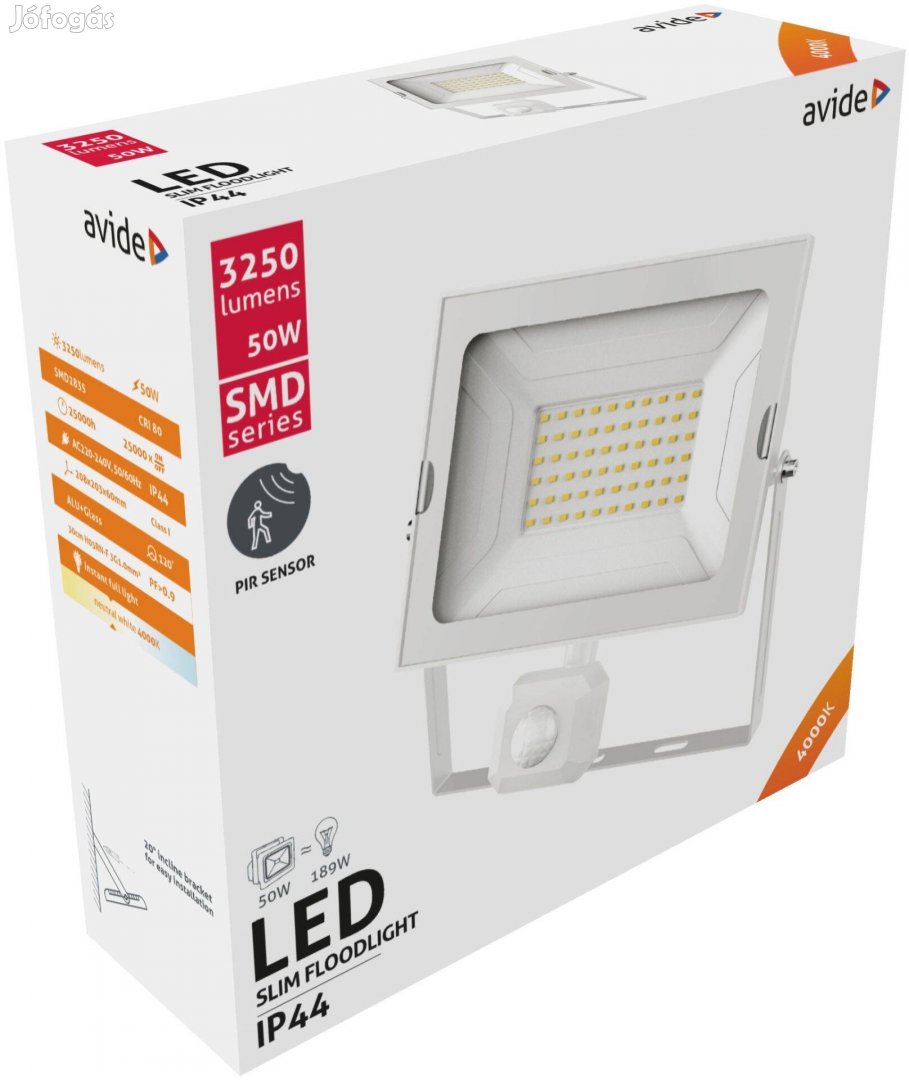 Avide LED Reflektor Slim SMD 50W NW 4000K Mozgásérzékelős PIR Fehér