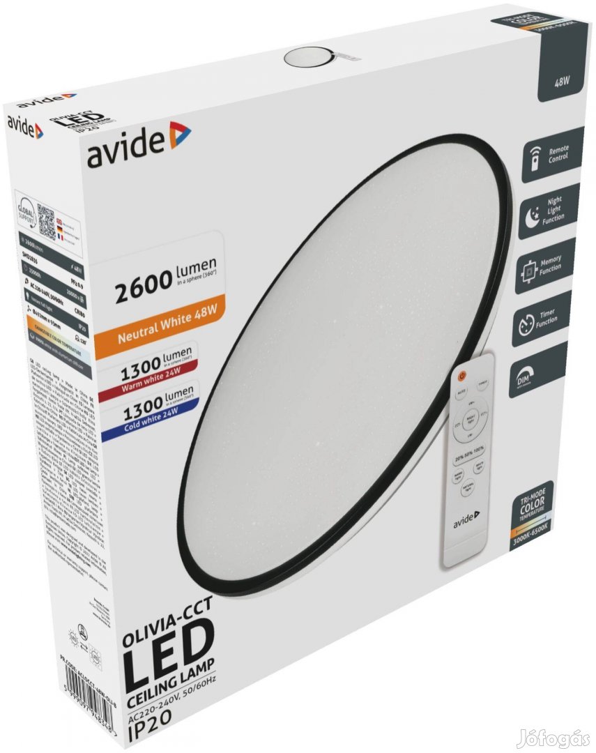 Avide Olivia 48W Mennyezeti led lámpa CCT, Távirányítóval, 492 mm