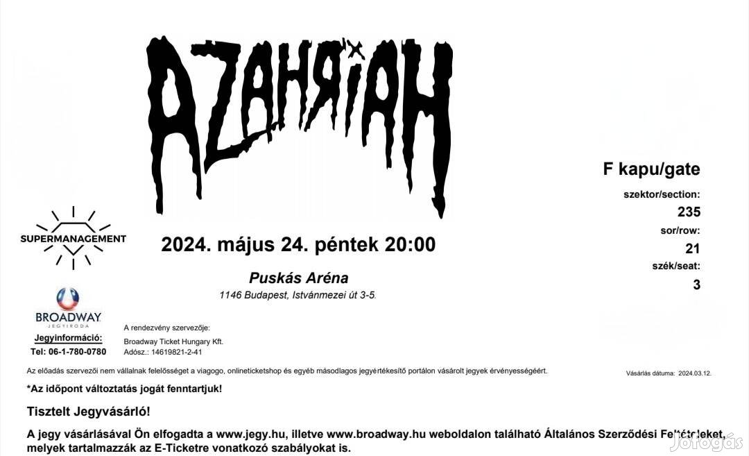 Azahriah Puskás Aréna 2db jegy 05.24. - ülőjegy koncertjegy