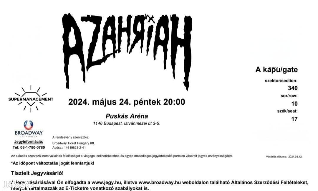 Azahriah Puskás Aréna 3db jegy 05.24. - egymás mellett koncert ülőjegy