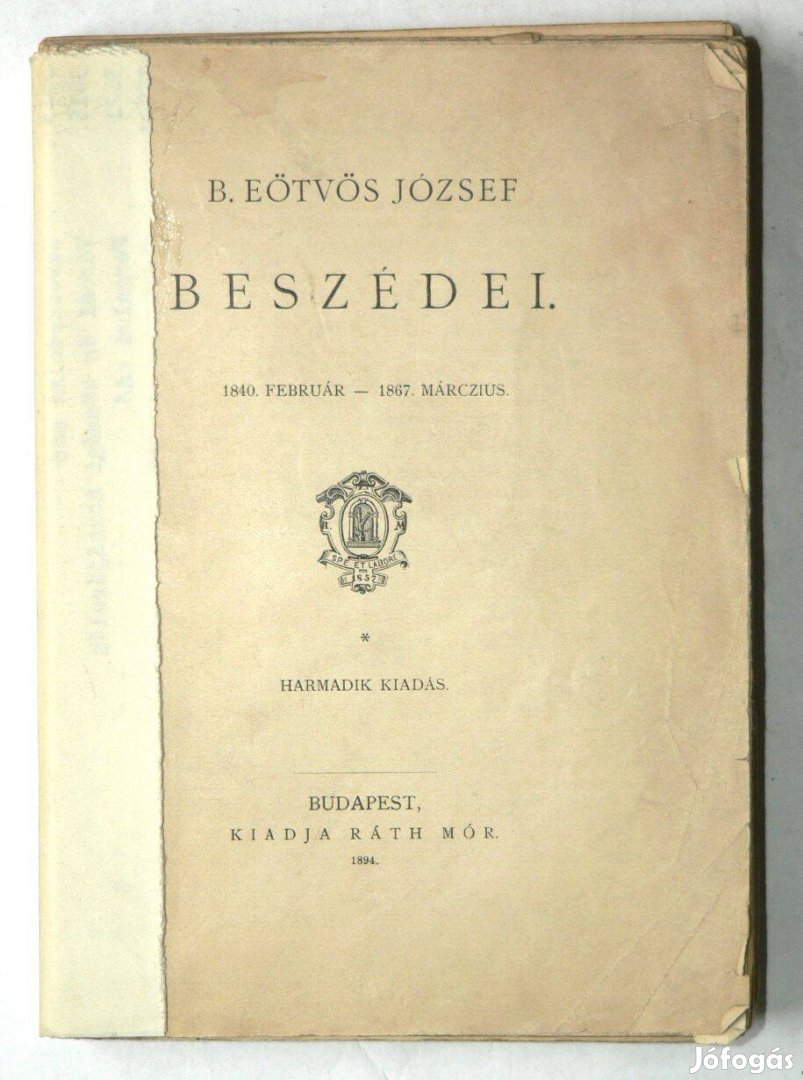 B. Eötvös József Beszédei / könyv Kiadja Ráth Mór 1894