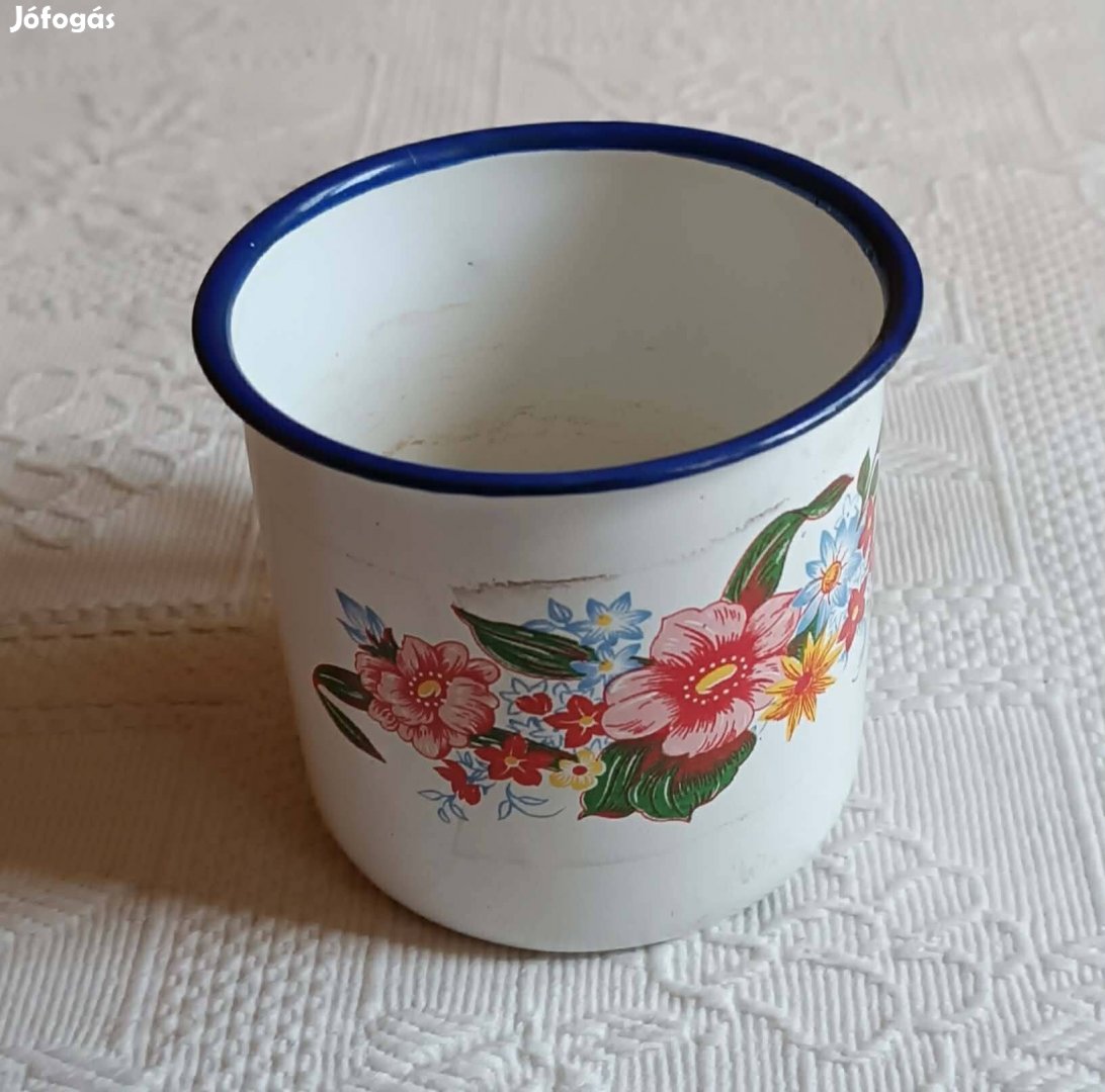 Bájos Virág Mintás Régi Zománcos Zománcozott Fehér Bögre
