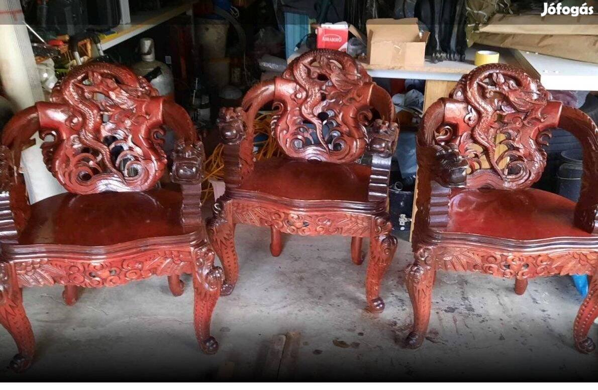Balínéz sárkányos motivumú faragott székek, trónok