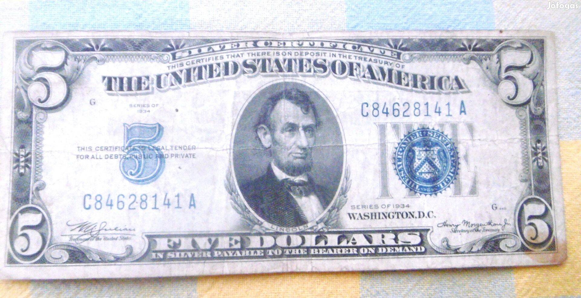 Bankjegy 5 Dollár Lincoln kék pecsét Ritka T1-2