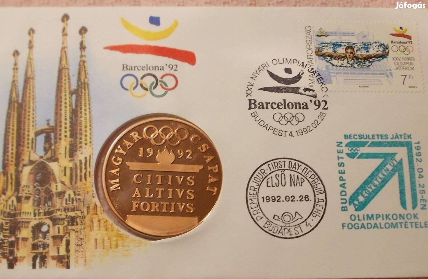 Barcelonai Olimpia érmés boríték 1992 vörösréz érmével UNC, első napi