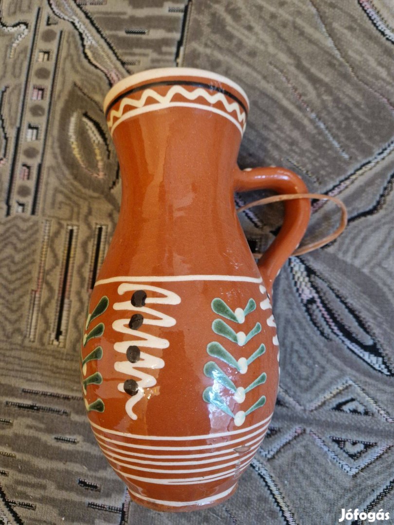 Barna mázas kerámia kézzel festett cserép kancsó / váza