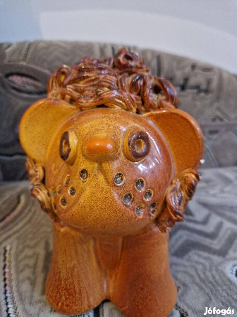Barna monokróm mázas kerámia oroszlán kisplasztika/szobor 15 cm magas