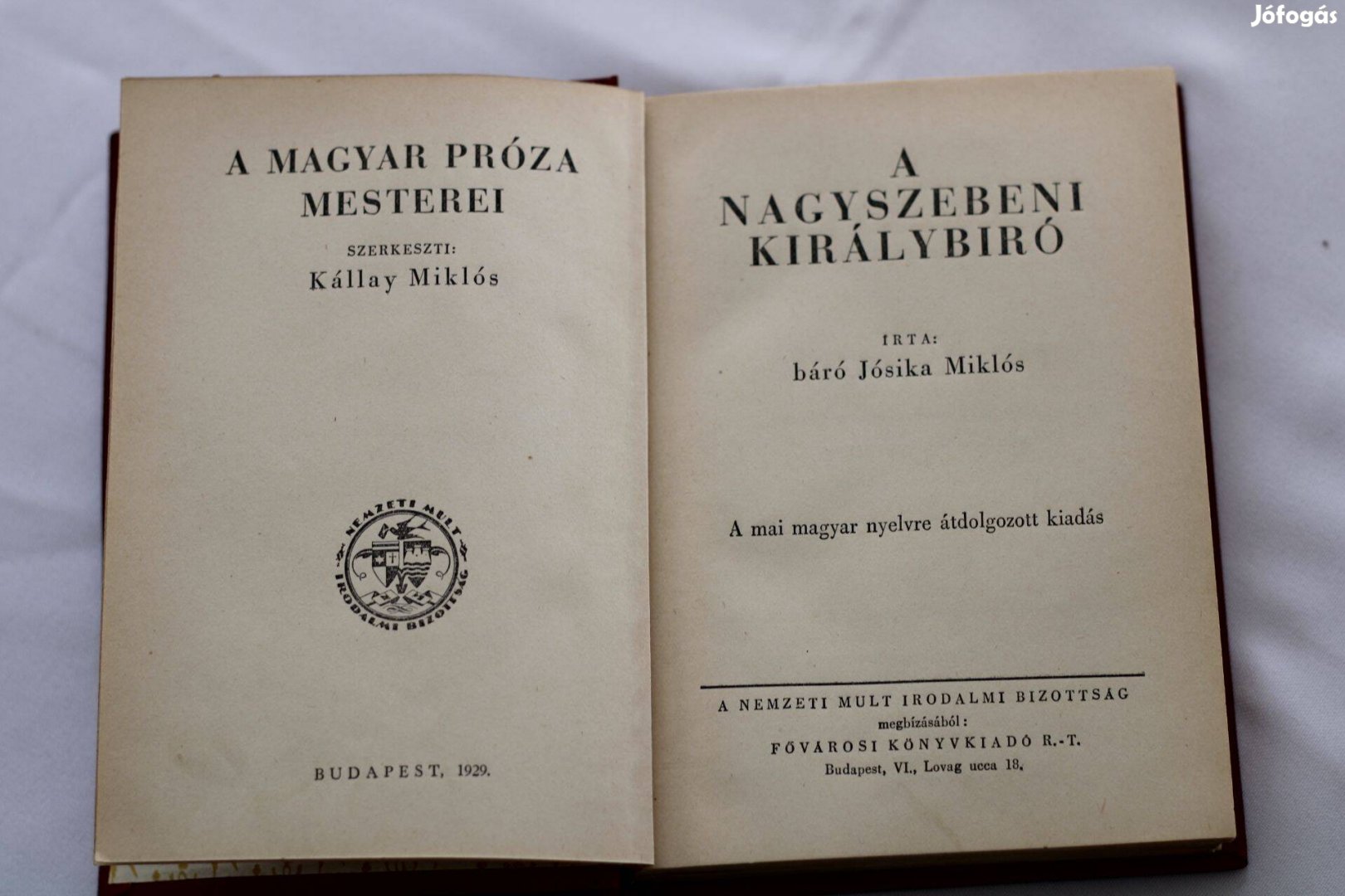 Báró Jósika Miklós A nagyszebeni királybíró / antik könyv Nemzeti Ujsá