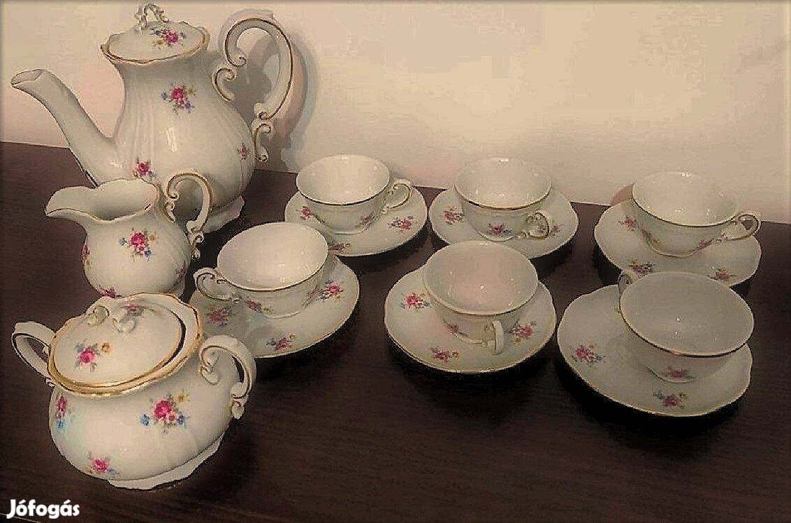 Barokk Zsolnay porcelán kávéskészlet, gyönyörű apró rózsás