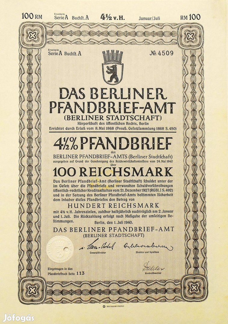 Berlin német értékpapír 1940. 100 Reichsmark