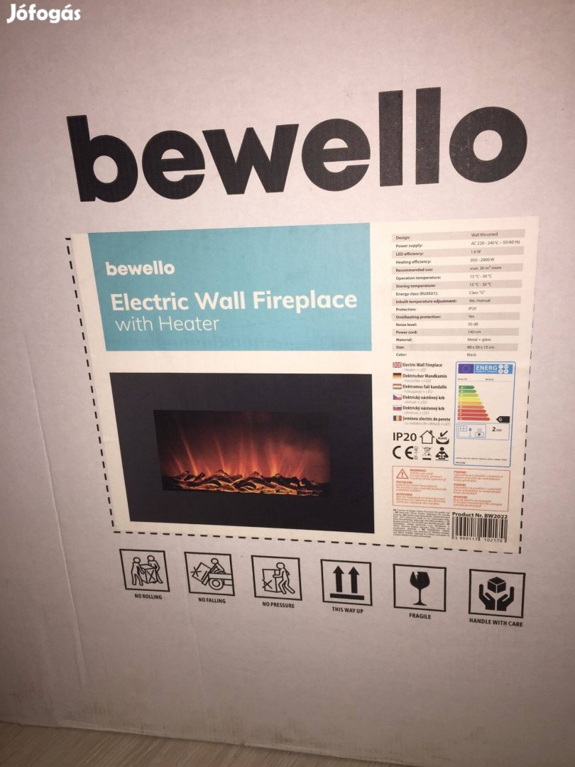 Bewello BW2022 Elektromos fali kandalló - hősugárzó + LED 91x15x56cm