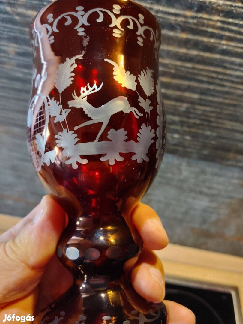 Biedermeier Alfred Taube pohár rubinvörös -szarvas galamb erdei jele