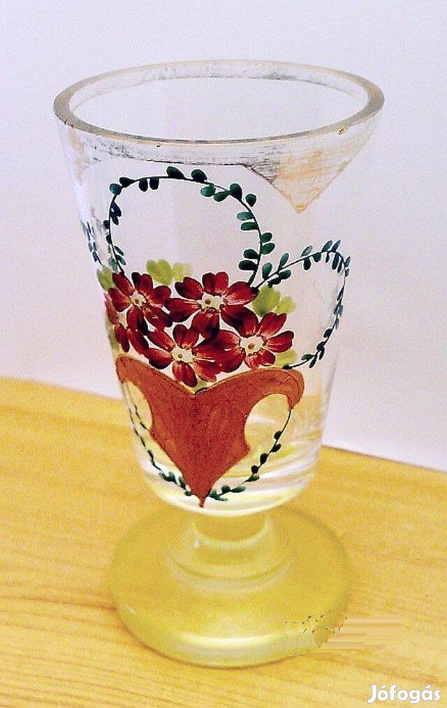 Biedermeier kézzel festett vastagfalú talpas pohár, korabeli kézműves