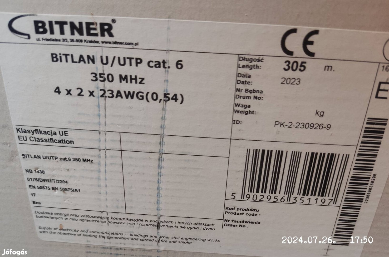 Bitner UTP kábel cat6 350 MHz PVC köpeny 305 m/doboz