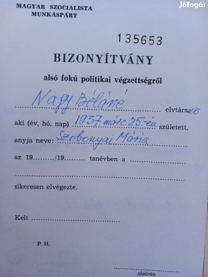 Bizonyítvány Politikai végzettségről a 70-es évekből