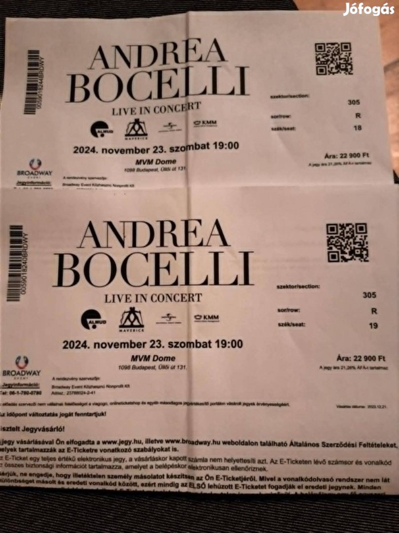 Bocelli koncert jegy, 2 darab