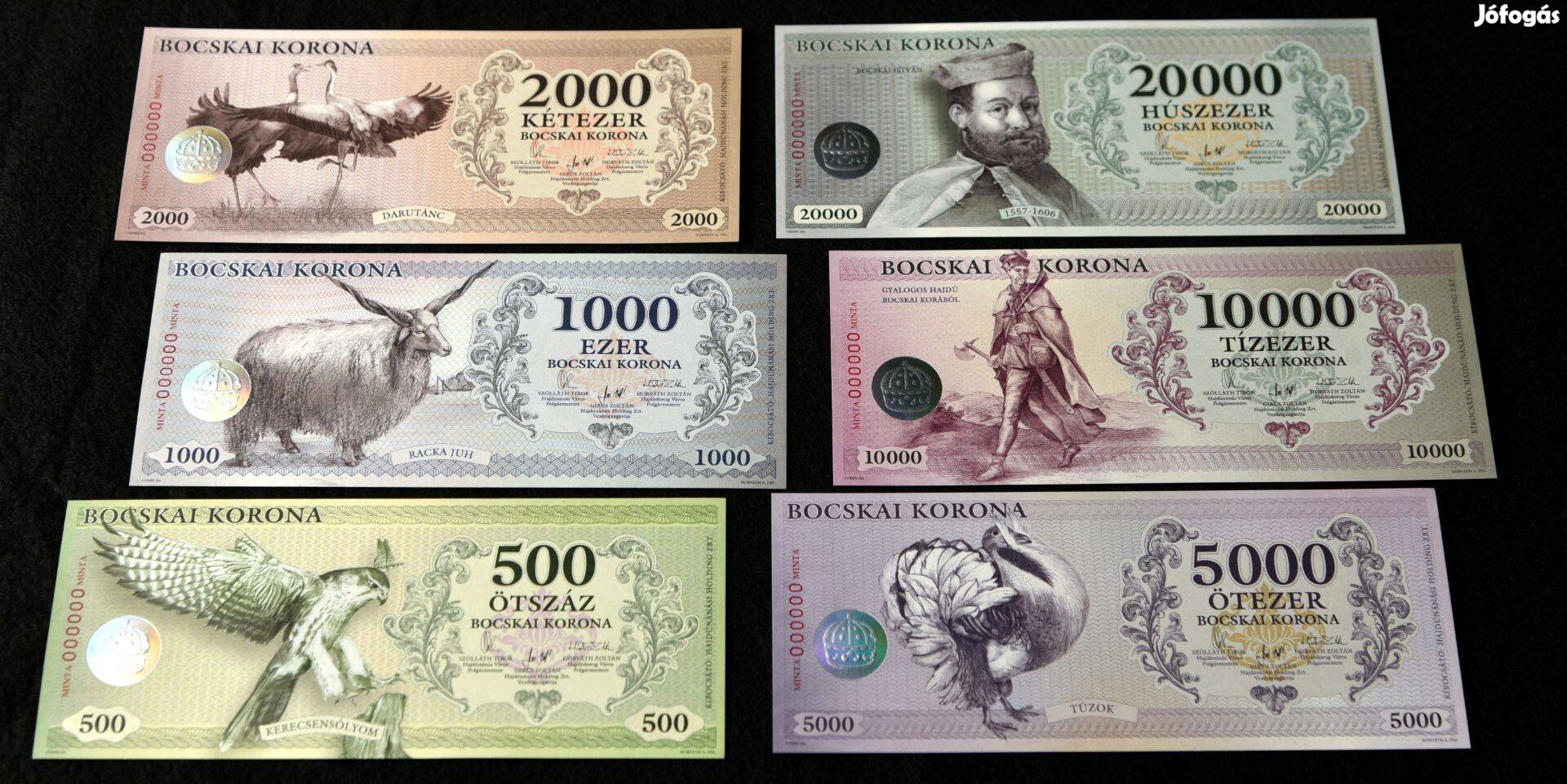 Bocskai Korona helyi pénz, forgatható utalvány címletek