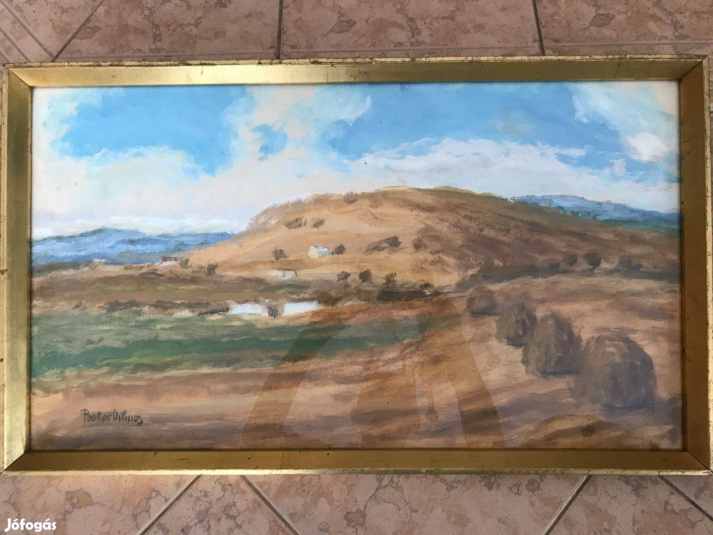 Bokor Vilmos: Sárga ősz kalangyákkal/szénaboglyákkal. Olaj-vászon