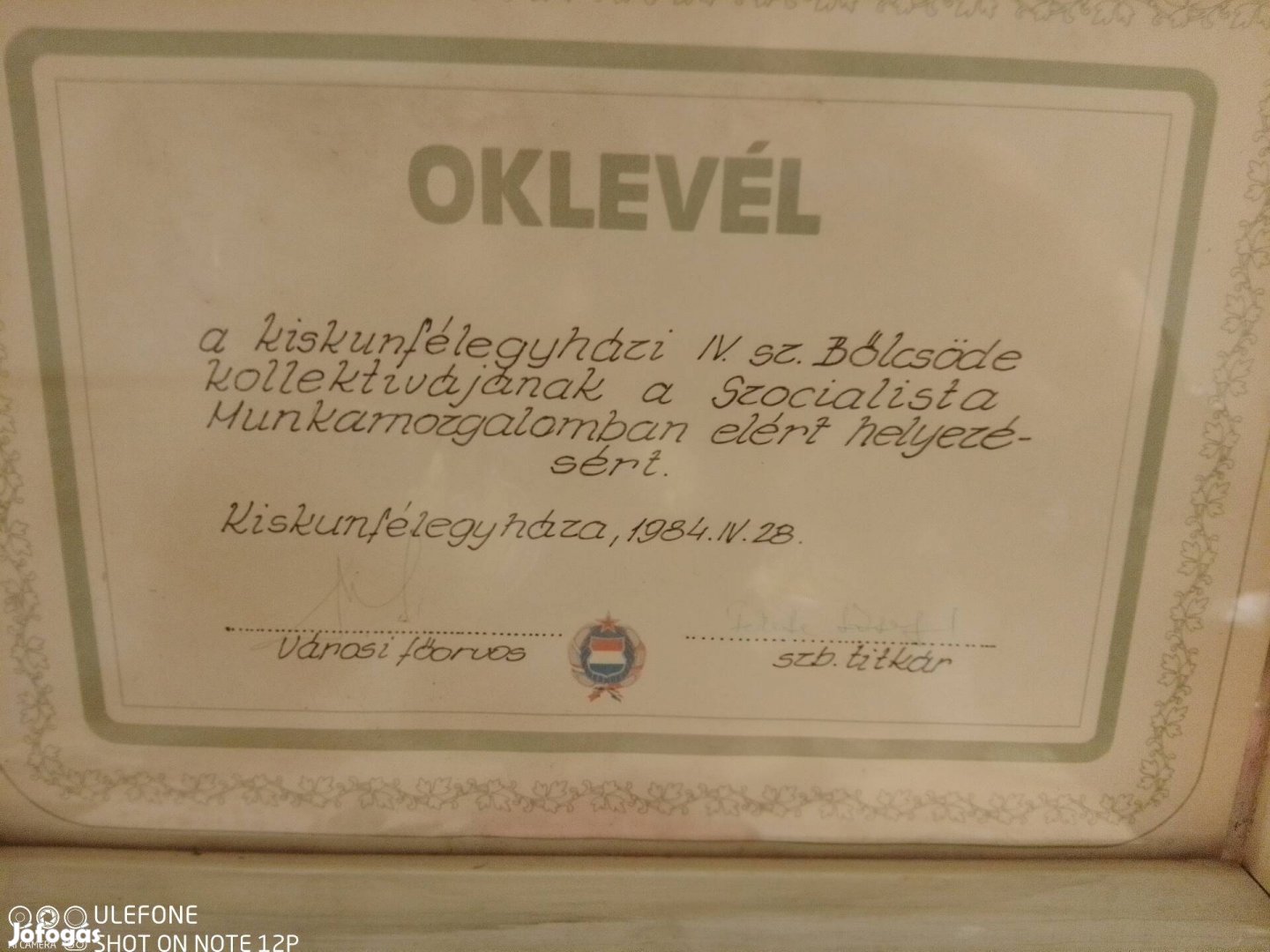 Bölcsödei oklevél 1984