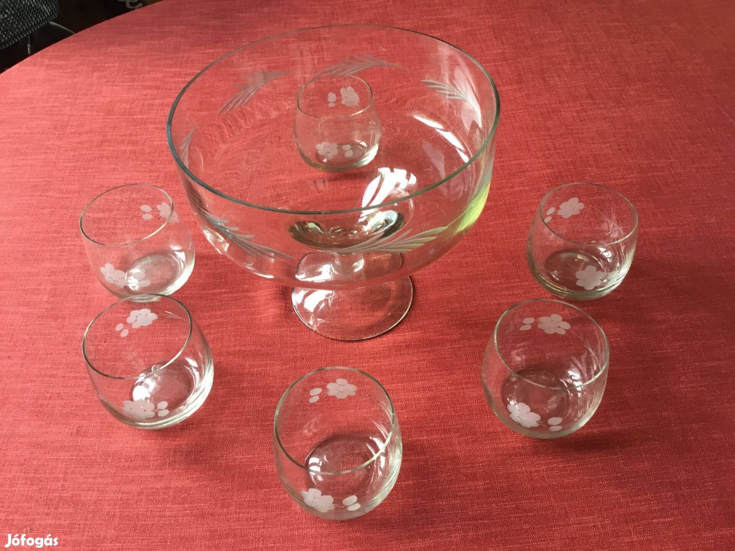 Bólés tál, 6 pohárral, vékonyhalú, metszett üvegből, antik