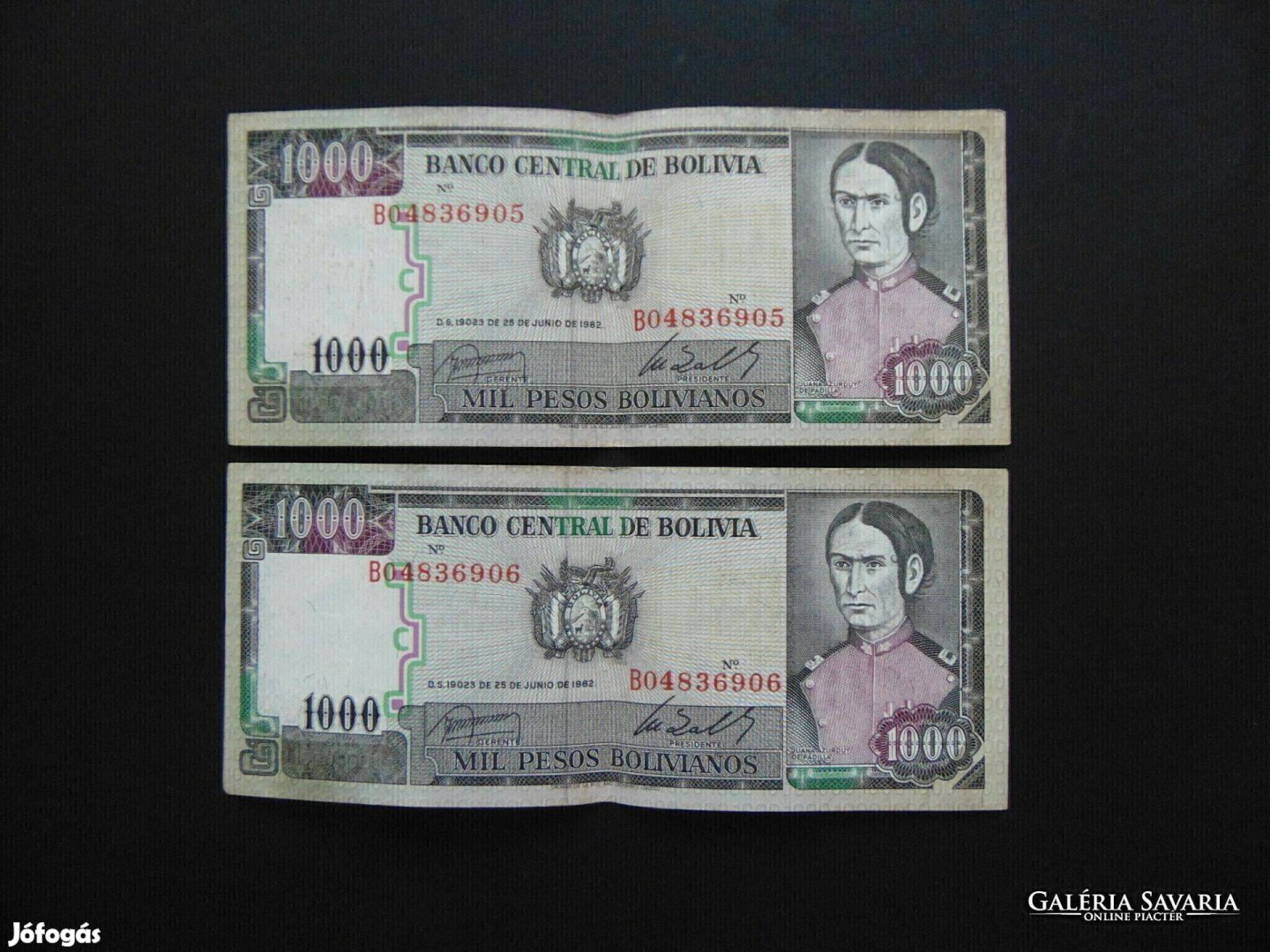 Bolívia 2 darab 1000 bolivár 1982 Sorszámkövető 01