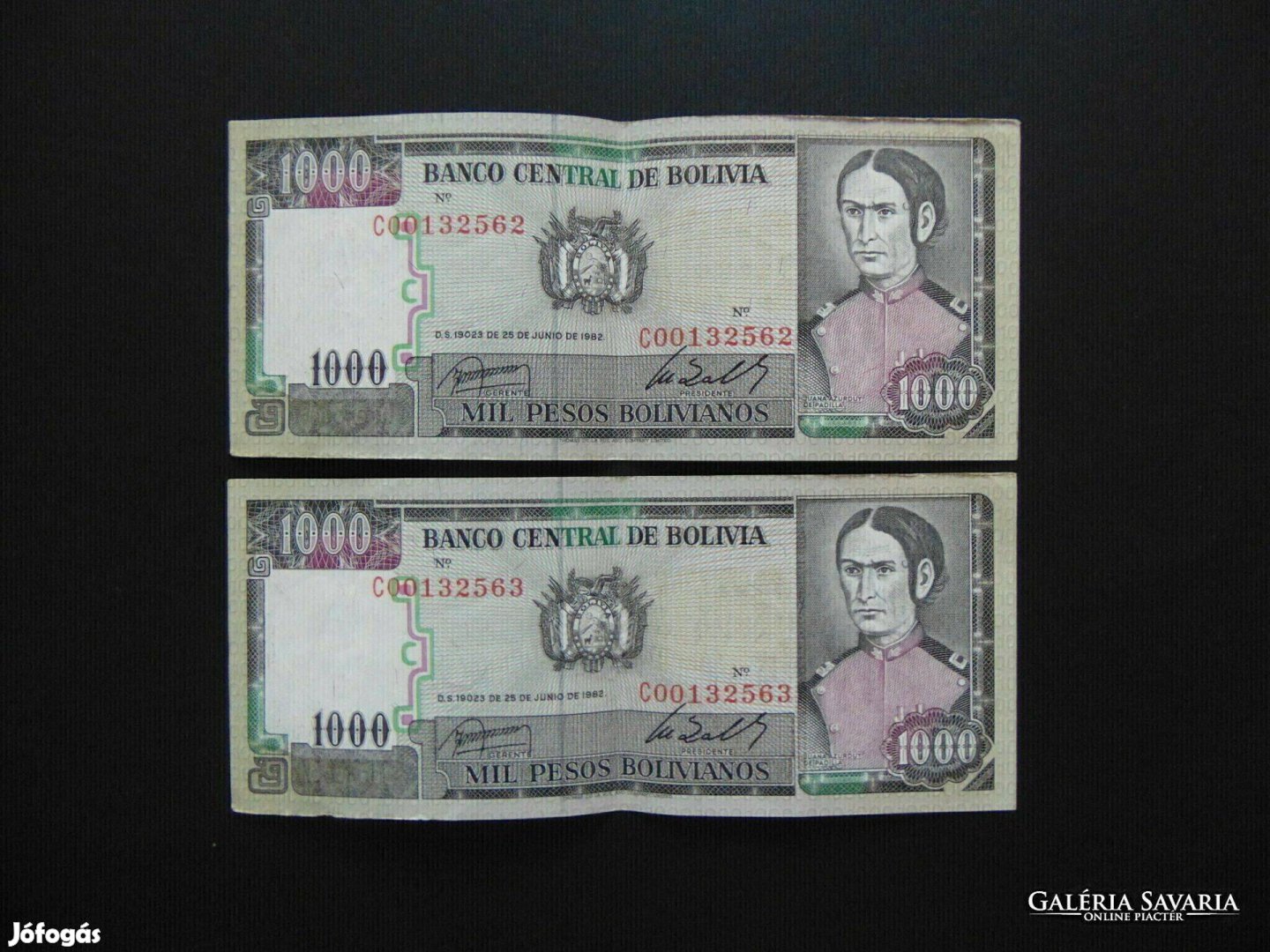 Bolívia 2 darab 1000 bolivár 1982 Sorszámkövető 02