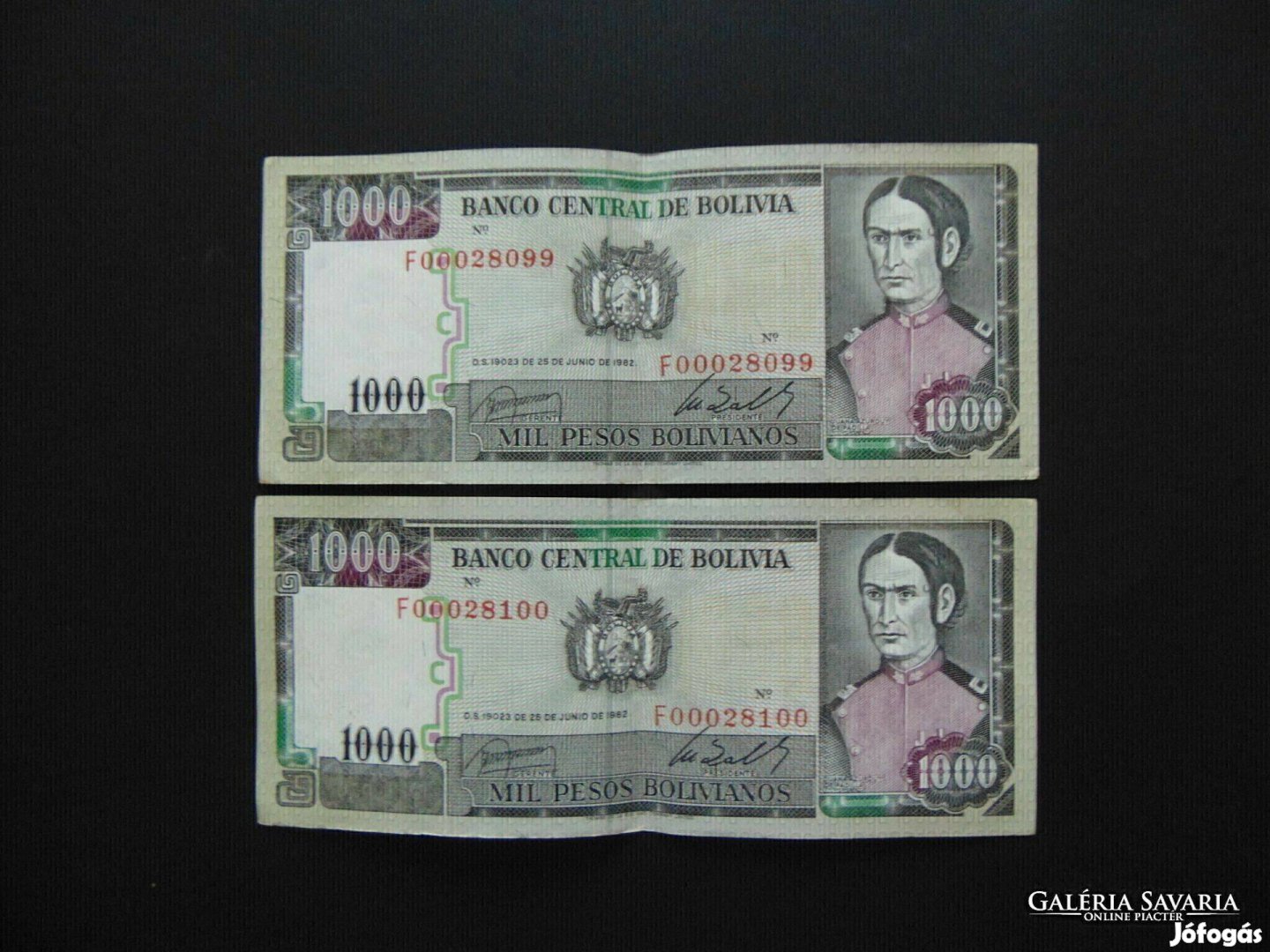 Bolívia 2 darab 1000 bolivár 1982 Sorszámkövető ! 04